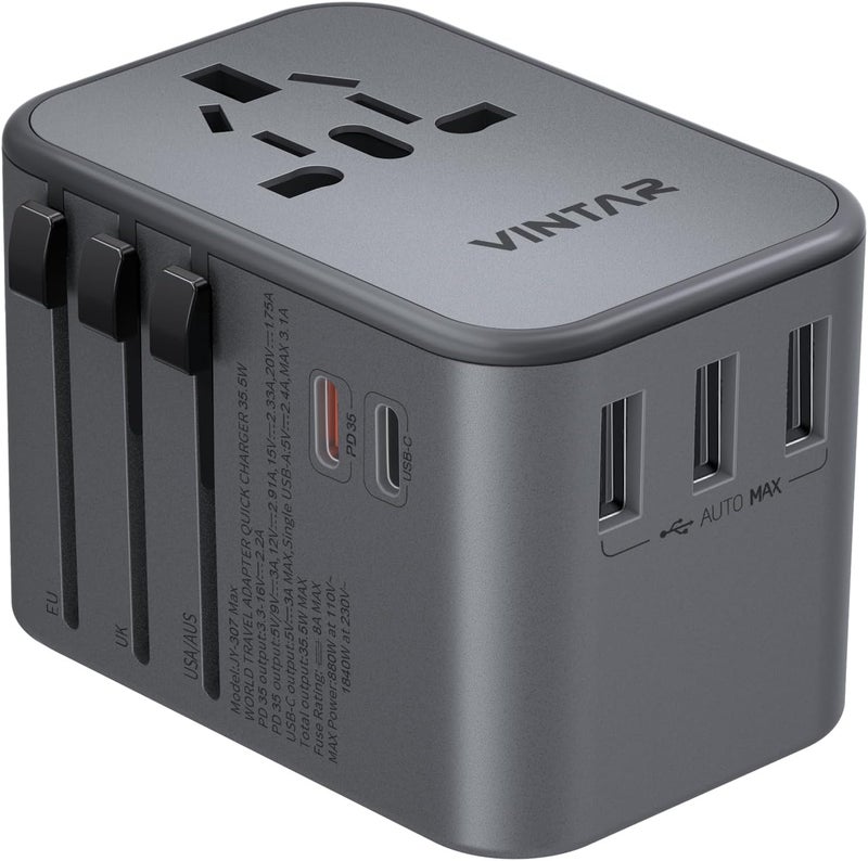 VINTAR Universal Travel Adapter, 35.5W International Power Adapter with 3 USB A QC and 2 USB C PD, All in One Plug Adapter Worldwide Travel Essentials for EU/UK/USA/AUS(Type C/G/A/I), Silver - Image 1